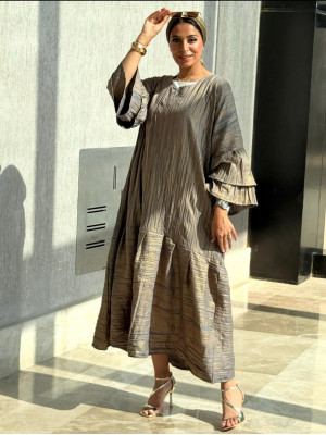 Long Crinkled Fabric Dress with Metallic Gray