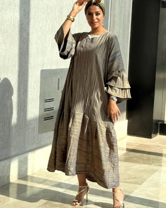 Long Crinkled Fabric Dress with Metallic Gray