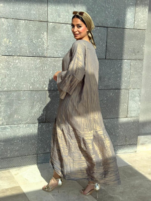 Long Crinkled Fabric Dress with Metallic Gray