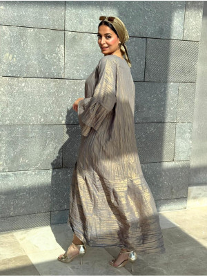 Long Crinkled Fabric Dress with Metallic Gray