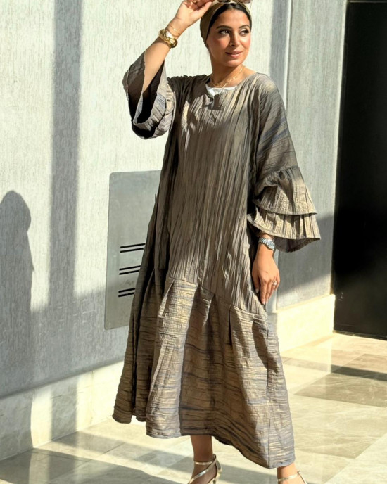 Long Crinkled Fabric Dress with Metallic Gray