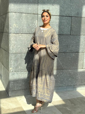 Long Crinkled Fabric Dress with Metallic Gray