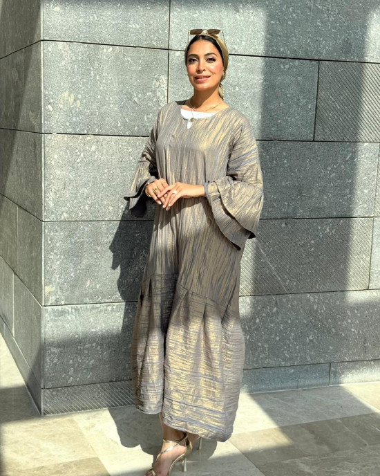 Long Crinkled Fabric Dress with Metallic Gray
