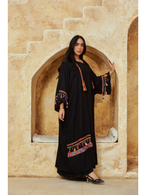 Boho-Chic 2-Piece Embroidered linen Set – Black Cardigan & Basic Inner Dress