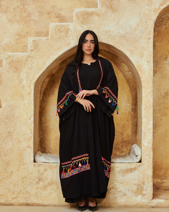 Boho-Chic 2-Piece Embroidered linen Set – Black Cardigan & Basic Inner Dress