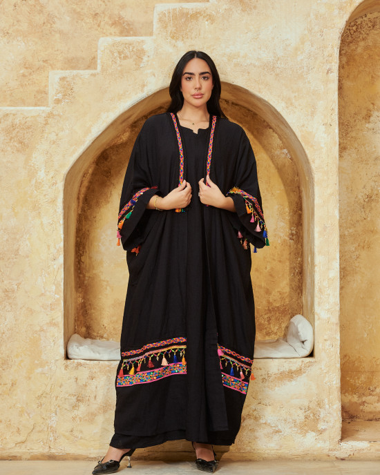 Boho-Chic 2-Piece Embroidered linen Set – Black Cardigan & Basic Inner Dress