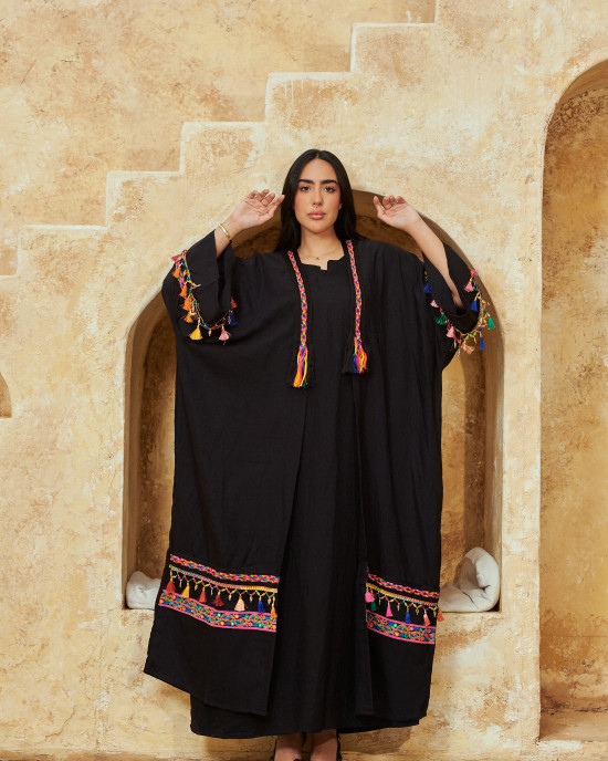 Boho-Chic 2-Piece Embroidered linen Set – Black Cardigan & Basic Inner Dress