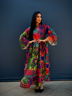 Long Bohemian Linen Dress with Vibrant Colors