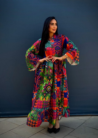 Long Bohemian Linen Dress with Vibrant Colors