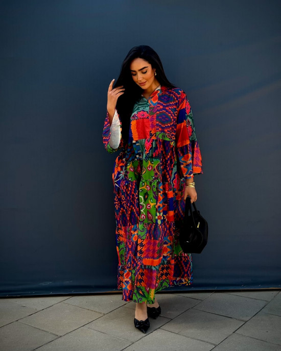 Long Bohemian Linen Dress with Vibrant Colors