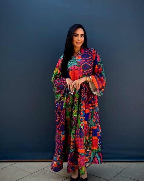 Long Bohemian Linen Dress with Vibrant Colors