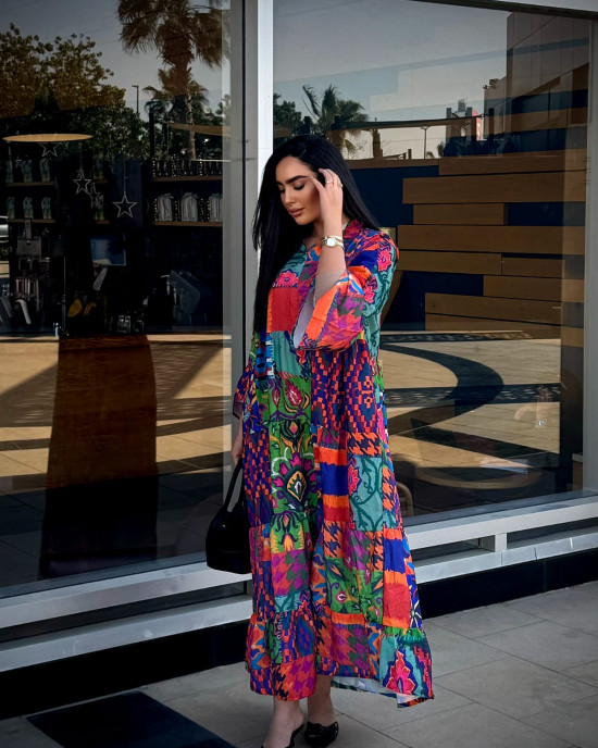 Long Bohemian Linen Dress with Vibrant Colors
