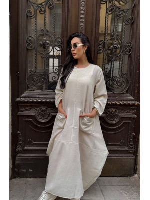 Casual dress with long sleeves in pink linen