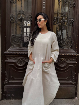 Casual dress with long sleeves in pink linen