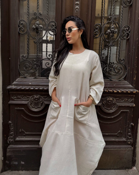 Casual dress with long sleeves in pink linen