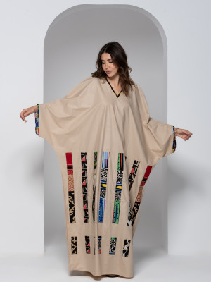 Long Beige Cotton kaftan with Colorful Embroidery
