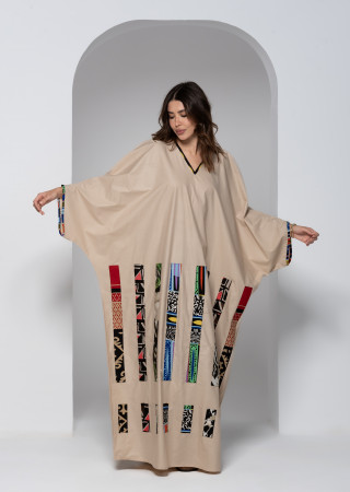 Long Beige Cotton kaftan with Colorful Embroidery