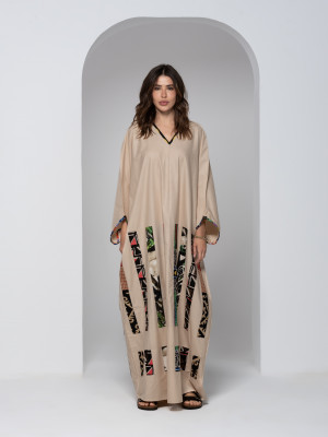 Long Beige Cotton kaftan with Colorful Embroidery Long Beige Cotton kaftan with Colorful Embroidery