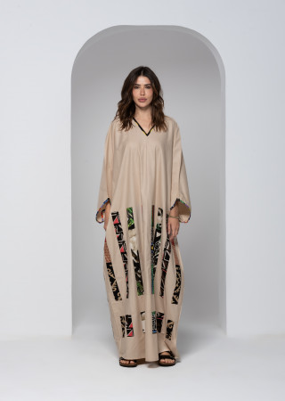 Long Beige Cotton kaftan with Colorful Embroidery