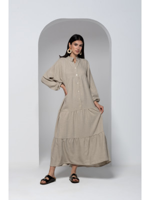 Light Beige linen Dress with Long Wide Sleeves