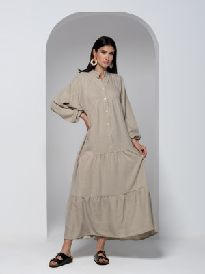 Light Beige linen Dress with Long Wide Sleeves