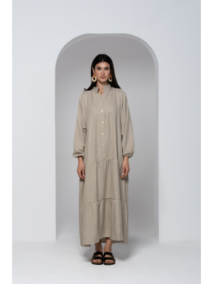 Light Beige linen Dress with Long Wide Sleeves