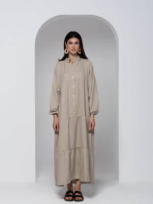 Light Beige linen Dress with Long Wide Sleeves