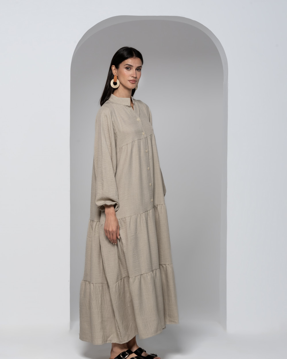 Light Beige linen Dress with Long Wide Sleeves — free download