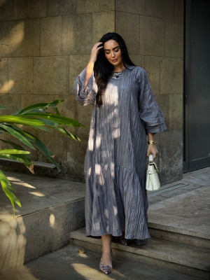 Long Crinkled Fabric Dress with Metallic Gray