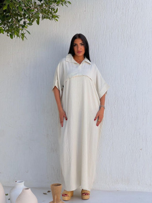 Wide White Linen Dress with Short Sleeves