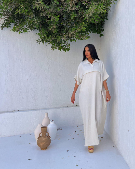Wide White Linen Dress with Short Sleeves