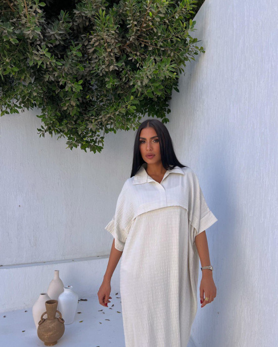 Wide White Linen Dress with Short Sleeves