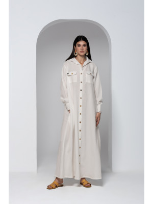 Beige Linen Dress with Front Buttons and Long Sleeves Beige Linen Dress with Front Buttons and Long Sleeves