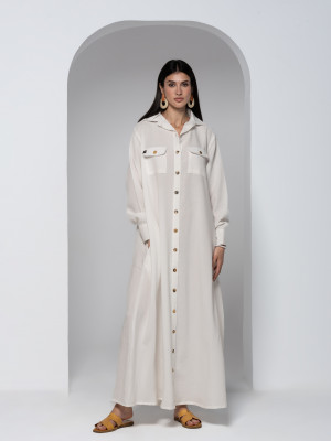 Beige Linen Dress with Front Buttons and Long Sleeves Beige Linen Dress with Front Buttons and Long Sleeves