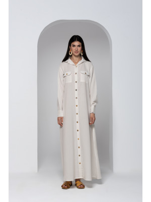 Beige Linen Dress with Front Buttons and Long Sleeves