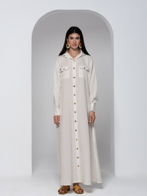 Beige Linen Dress with Front Buttons and Long Sleeves