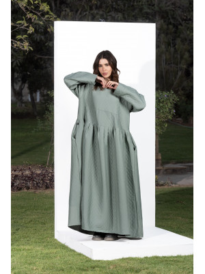 Light Green Quilted Long Dress Long Sleeves