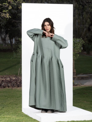 Light Green Quilted Long Dress Long Sleeves
