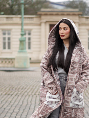 Light brown merino wool coat with hood