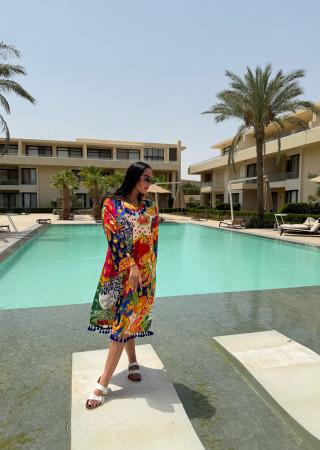  Short Linen Dress with Vibrant Tropical Prints