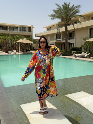  Short Linen Dress with Vibrant Tropical Prints