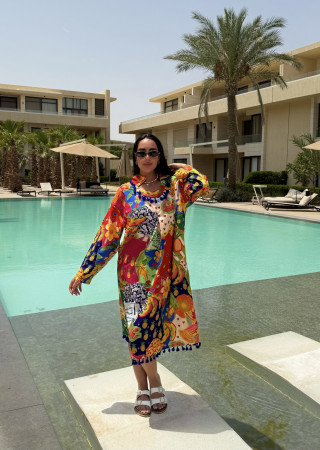  Short Linen Dress with Vibrant Tropical Prints