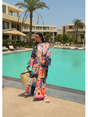 Maxi Linen Dress with Tropical Floral Prints