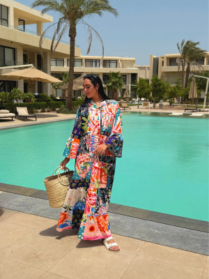 Maxi Linen Dress with Tropical Floral Prints