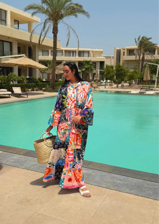 Maxi Linen Dress with Tropical Floral Prints