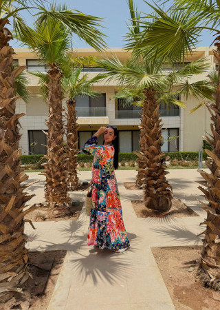 Maxi Linen Dress with Tropical Floral Prints