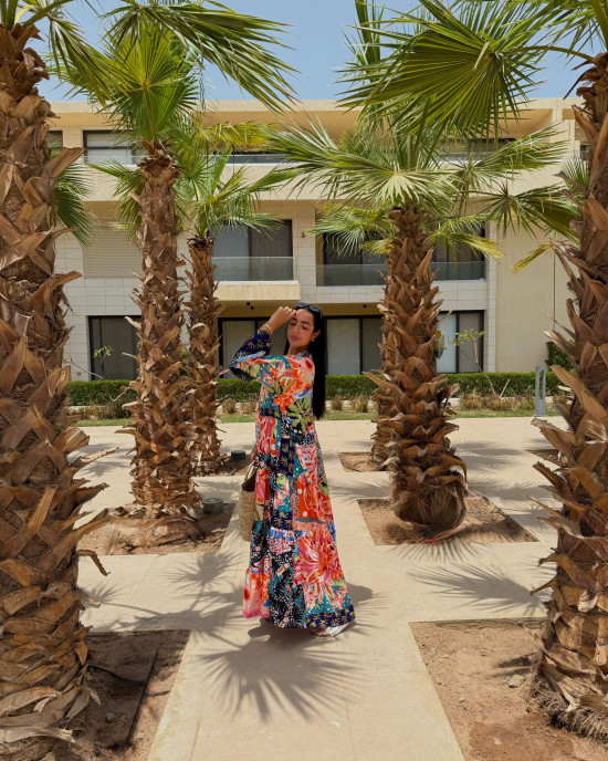 Maxi Linen Dress with Tropical Floral Prints Maxi Linen Dress with Tropical Floral Prints