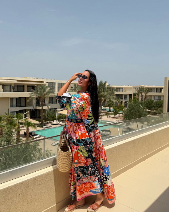 Maxi Linen Dress with Tropical Floral Prints Maxi Linen Dress with Tropical Floral Prints