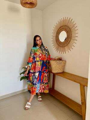  Mid-Length Linen Dress with Vibrant Artistic Prints