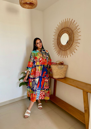  Mid-Length Linen Dress with Vibrant Artistic Prints